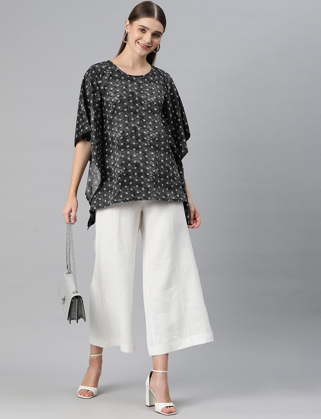 Cottinfab Women Print Kimono Sleeves Crepe Kaftan Longline Top Black 4