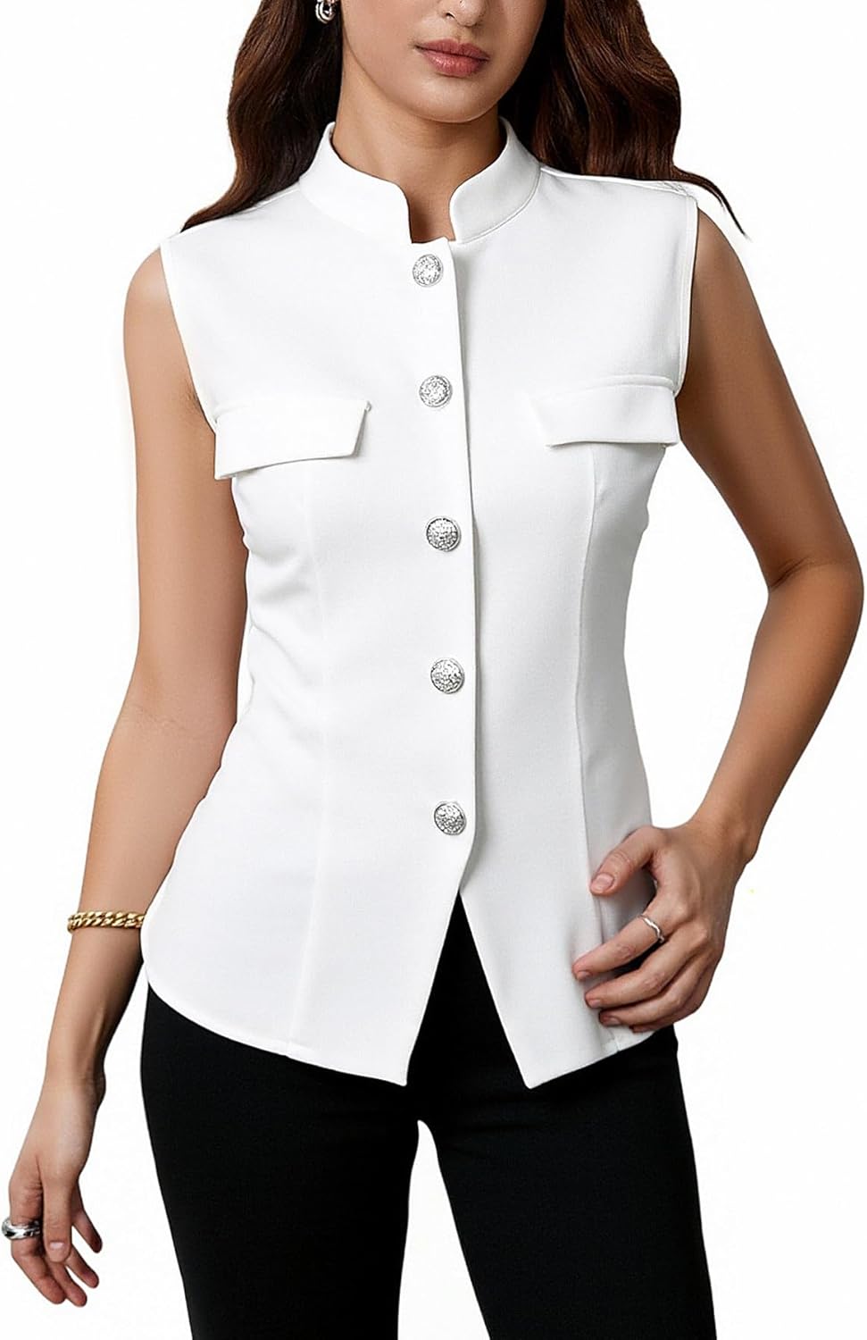 Women's Mock Neck Vest Top Button Down Sleeveless Split Hem Work Office Blazer Vest