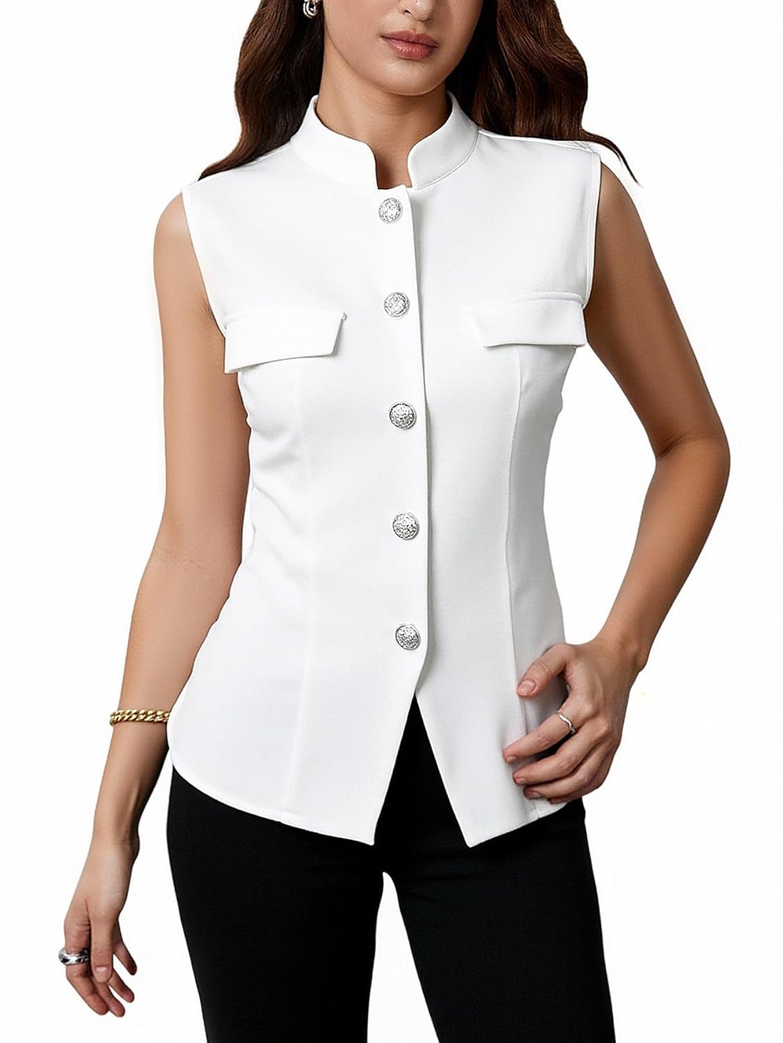 Womens Mock Neck Vest Top Button Down Sleeveless Split Hem Work Office Blazer Vest