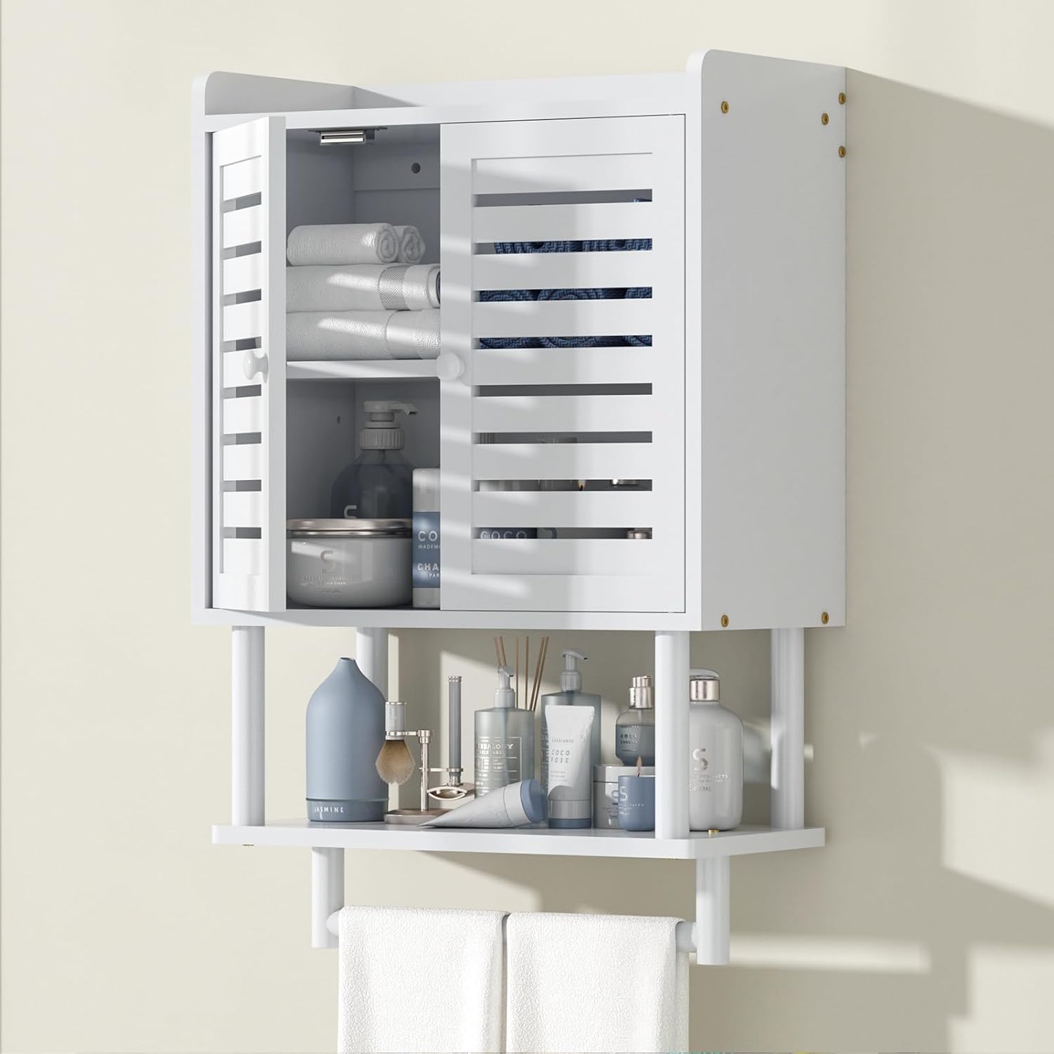 Bathroom Wall Cabinet, Over The Toilet Storage Cabinet with Adjustable Shelves, White Medicine Cabinets with Towel Bar, Bamboo Wall Mounted Hanging Cabinet with 2 Door for Laundry Room, White