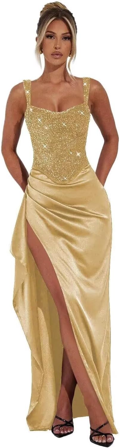 Long Ruffles Prom Dresses 2026 Plus Size for Teens Gold Pleated Mermaid Cocktail Dress with Slit Glitter Sequin Square Neck Formal Gown 26W
