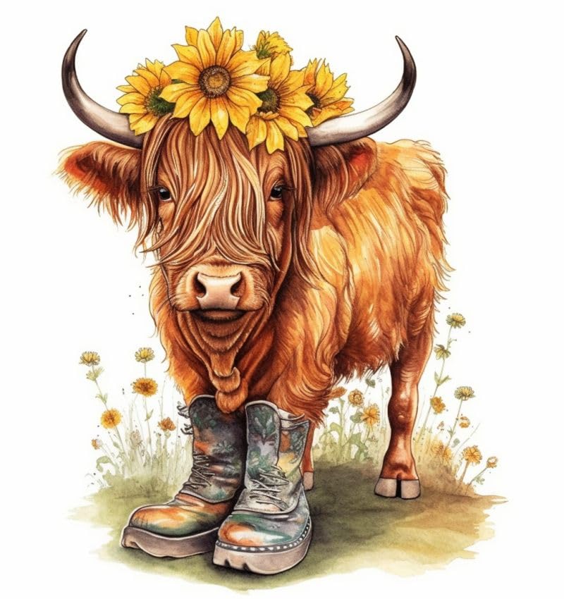 Highland Cow & Boots 11ct Counted Cross Stitch Stamped Pre Printed Cross Stitch Embroidery Kits for Adults Starter DIY Embroidery Needlework Kit with Patterns 50×50cm(e-l65)
