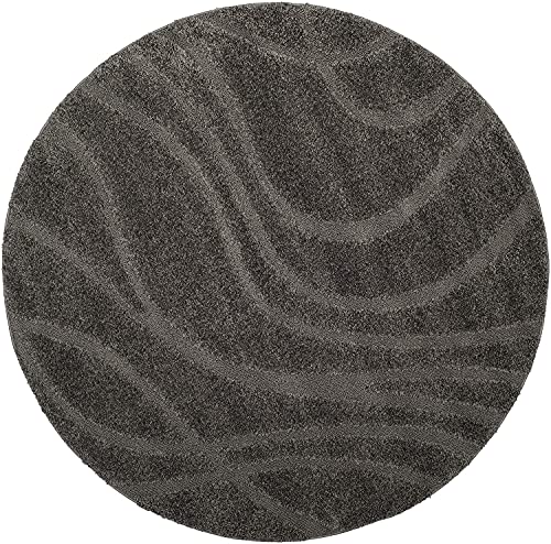 Image of Geometric Wave Round Shaggy Carpet for Living Room, Bedroom, High Low Design Finish Microfiber 1.8 Inch Pile High, 4x4 Feet Grey|Grey Color