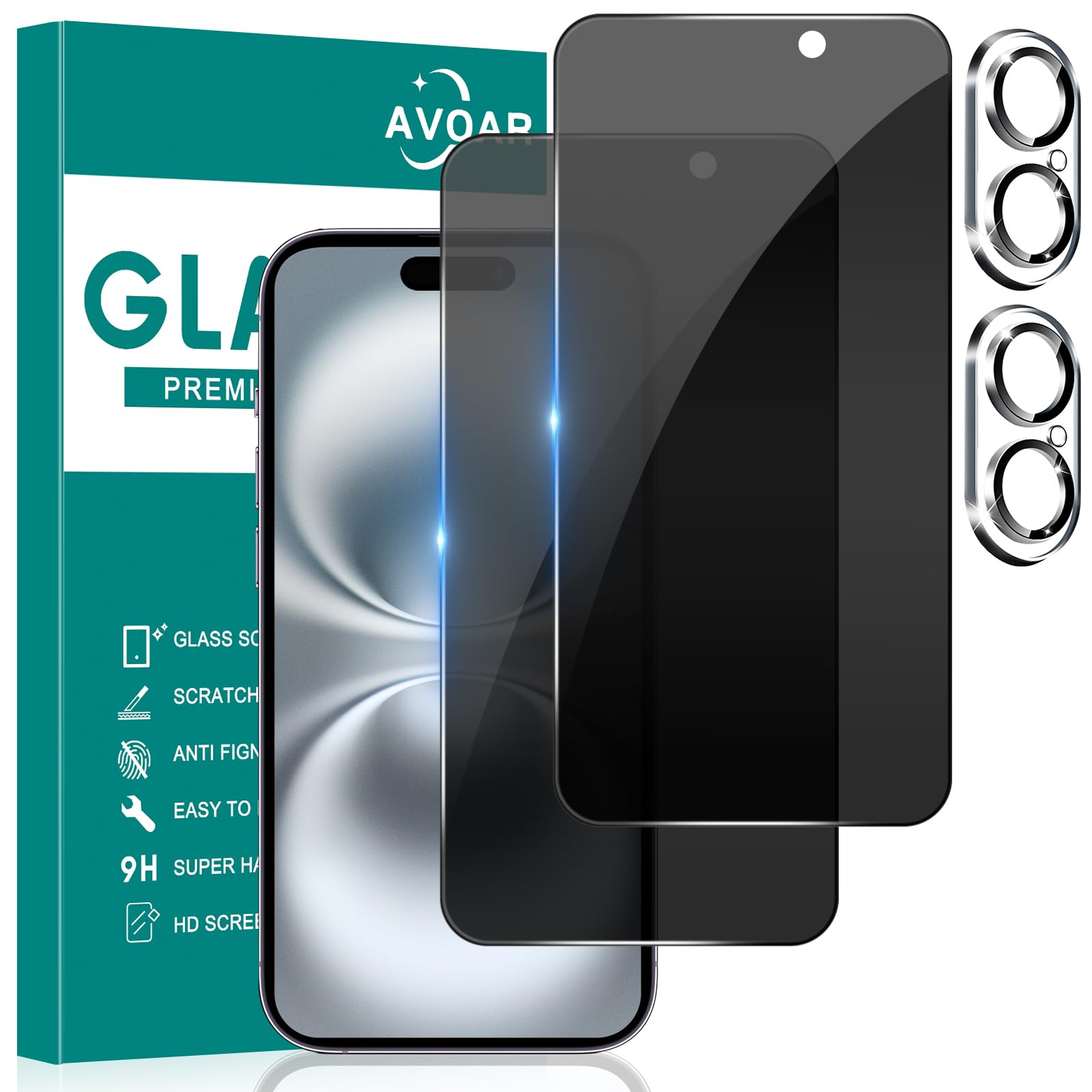 AVOAR [2+2 Pack Privacy Screen Protector for iPhone 16 Plus with Camera Lens Protector, 6.7 Inch Tempered Full Screen Glass Accessories, Anti-Spy,