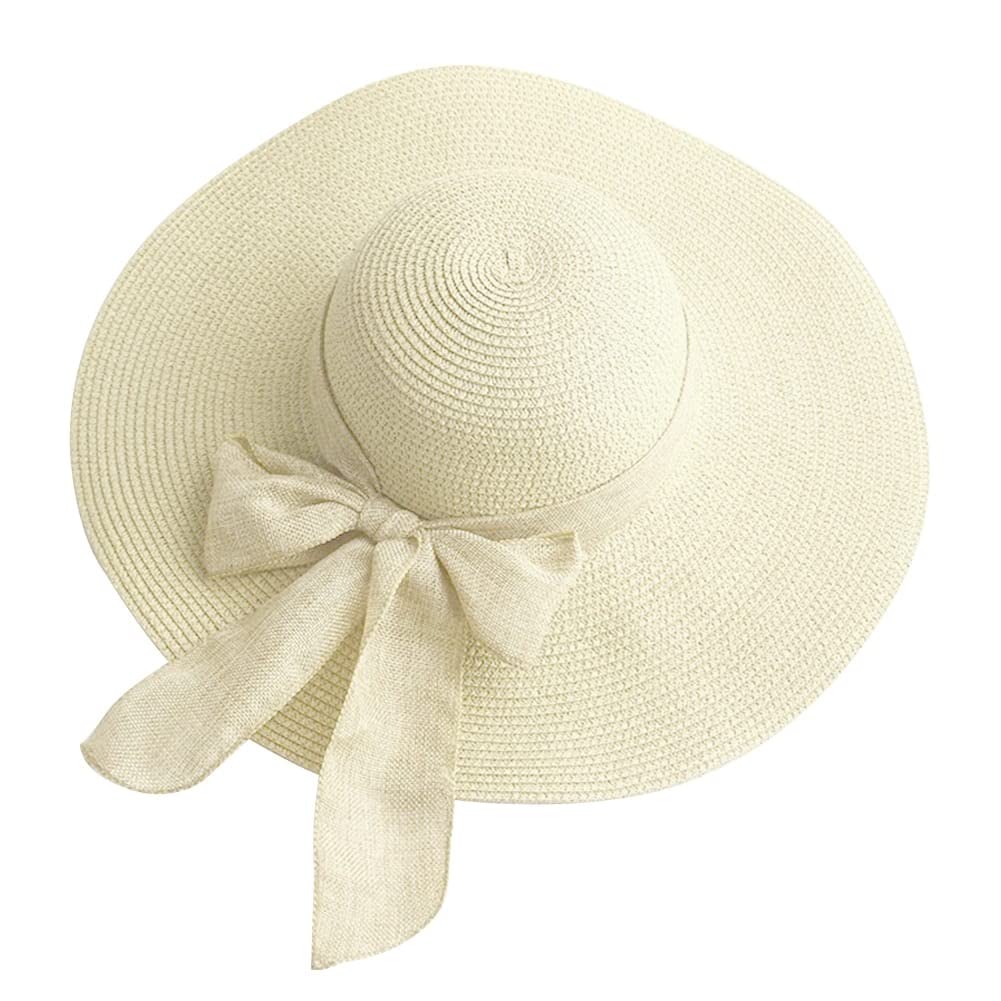 Women Sun Hat Big Bowknot Summer Straw Wide Brim Floppy Foldable Solid Hat UV Protection Beach Cap