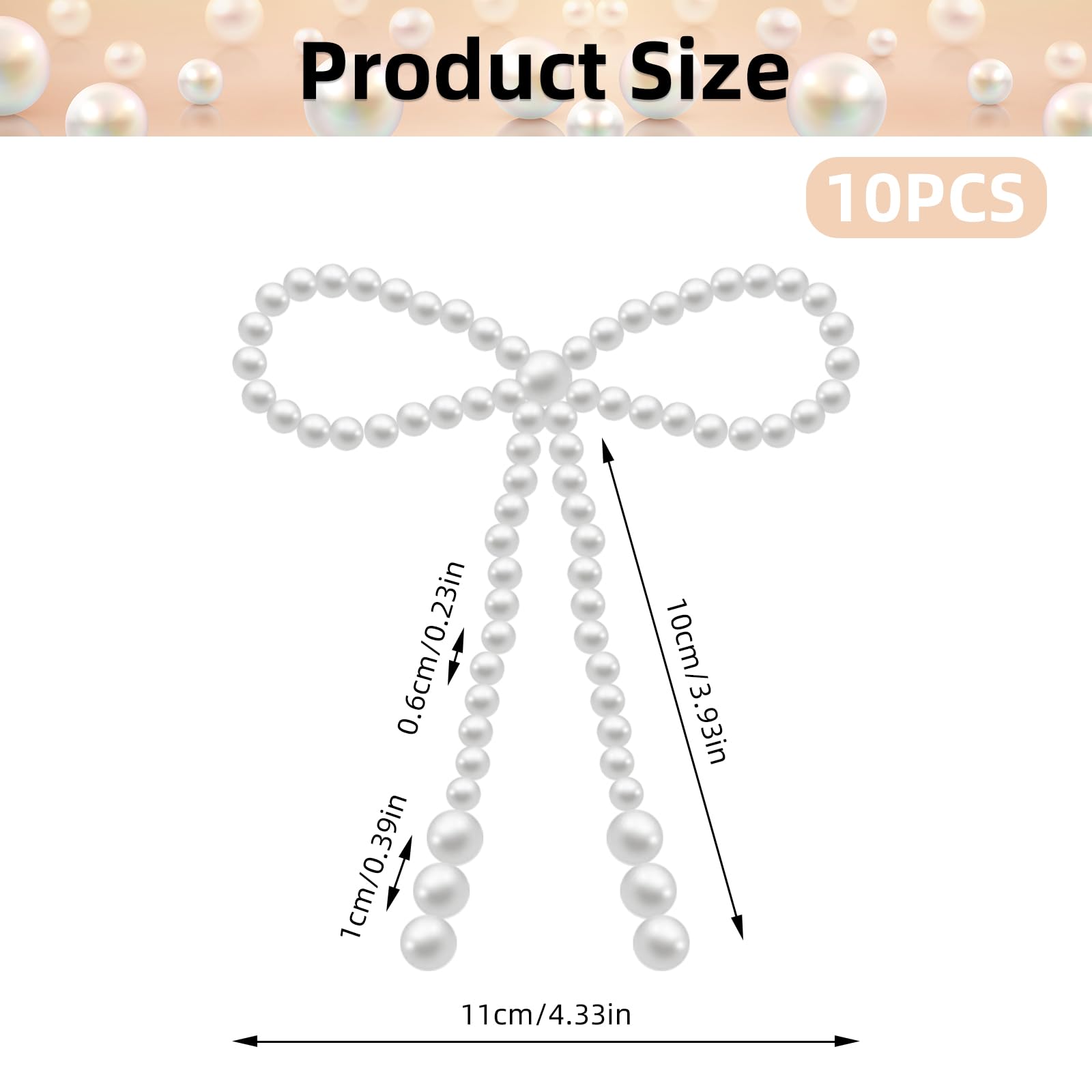 10 Pcs Pearl Bow Cake Toppers, 4.3x3.9 Inches White Pearl Beaded Cake Decorations, Large and Small Pearls, Elegant Cupcake Toppers for Weddings, Birthday, Valentines Day and Baby Shower Party Supplies