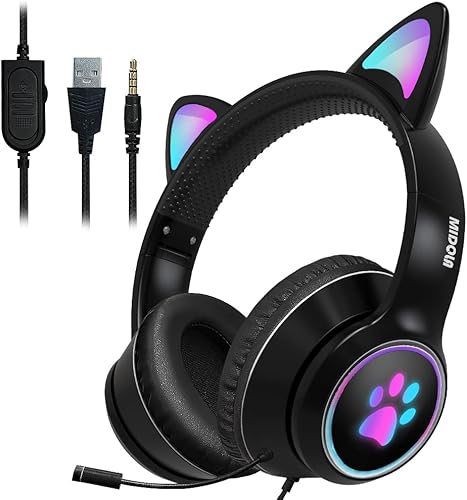 Auriculares con cable AUX de 0.138 in para juegos con orejas de gato, con luz LED, para adultos y niños, niñas, niños, auriculares estéreo plegables