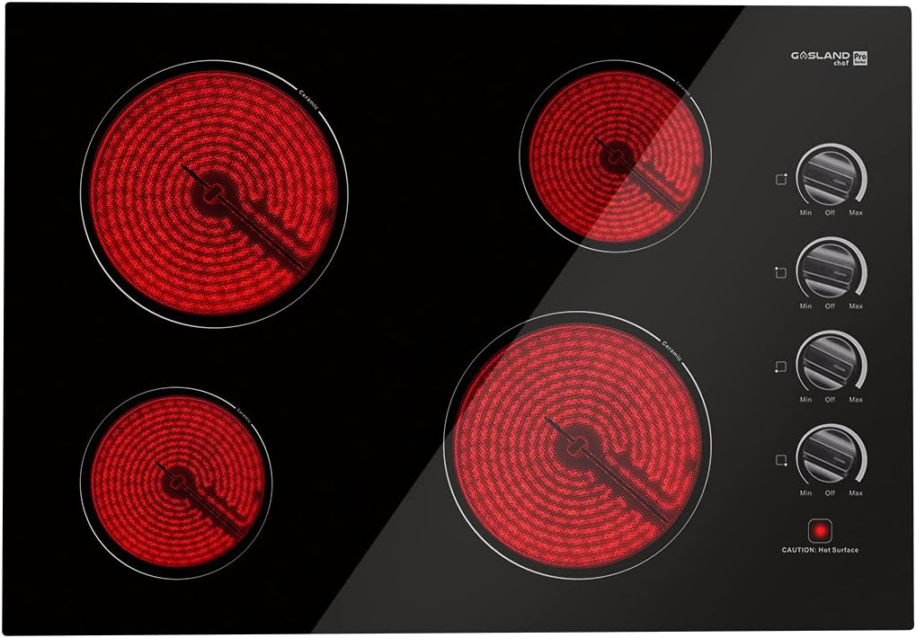 Electric Cooktop 30'', GASLAND Chef Pro Series Built- in Ceramic Cooktop 4 Burners, 220V Smoothtop Style Cooktop, Knob Control, Hot Surface Indicator, ETL Approved: Appliances