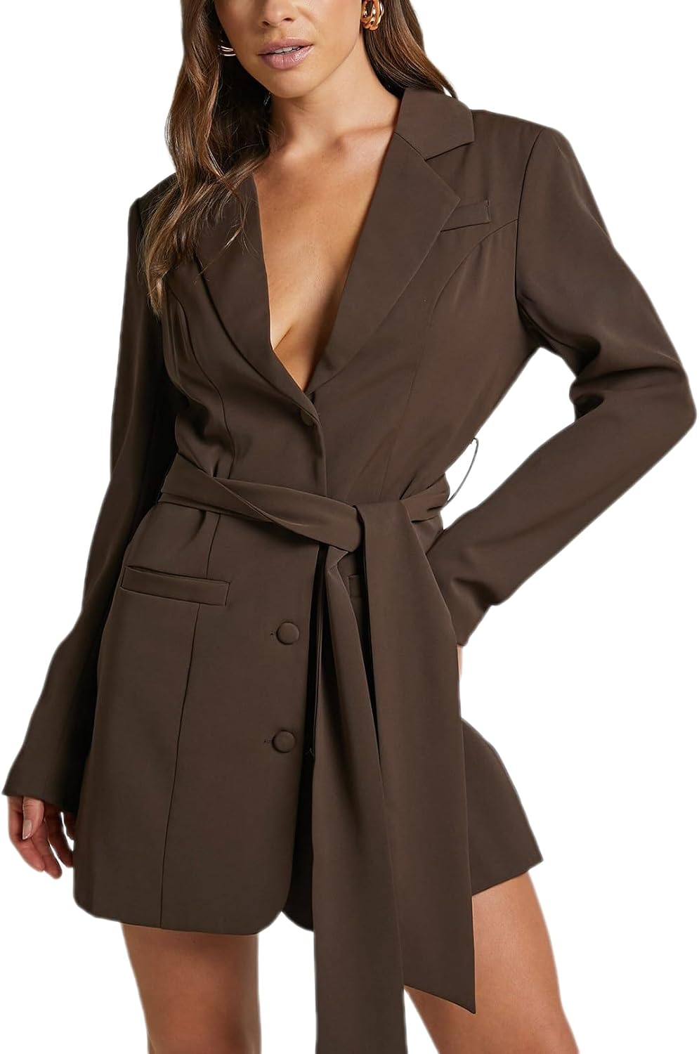 Apvirdy Women's Belted Blazer Dress Elegant V Neck Lapel Office Suit Jacket