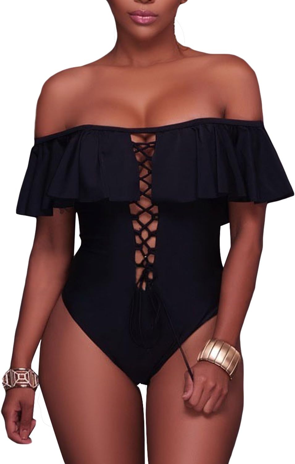 REKITA Women One Piece Bikini Off Shoulder Flounce Ruffled Swimwear Swimsuits