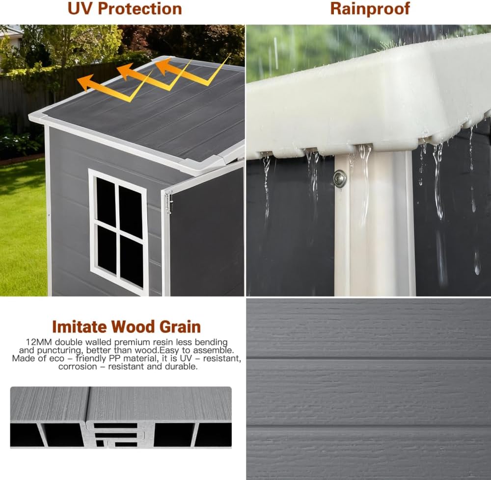 6ft X 4ft Plastic Outdoor Storage with Floor and Lockable Door Plastic Garden Shed for Backyard, Lawn, Gray