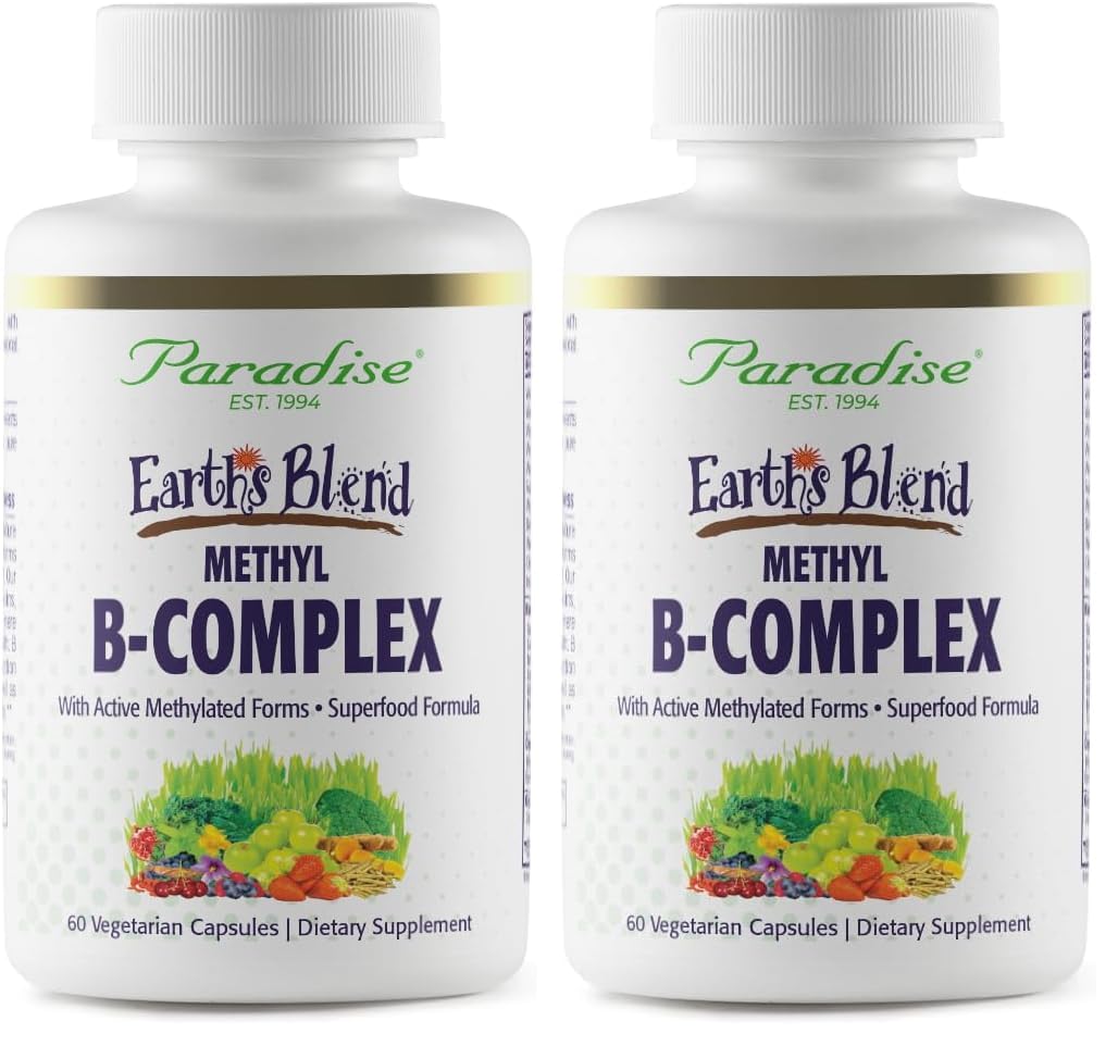 Paradise Herbs, Earth's Blend B-Complex, Methylated, Enzymatically Active Forms of B Vitamins + Superfoods, Supports Energy & Immunity, 60 Capsules (Pack of 2) 60 Count (Pack of 2)