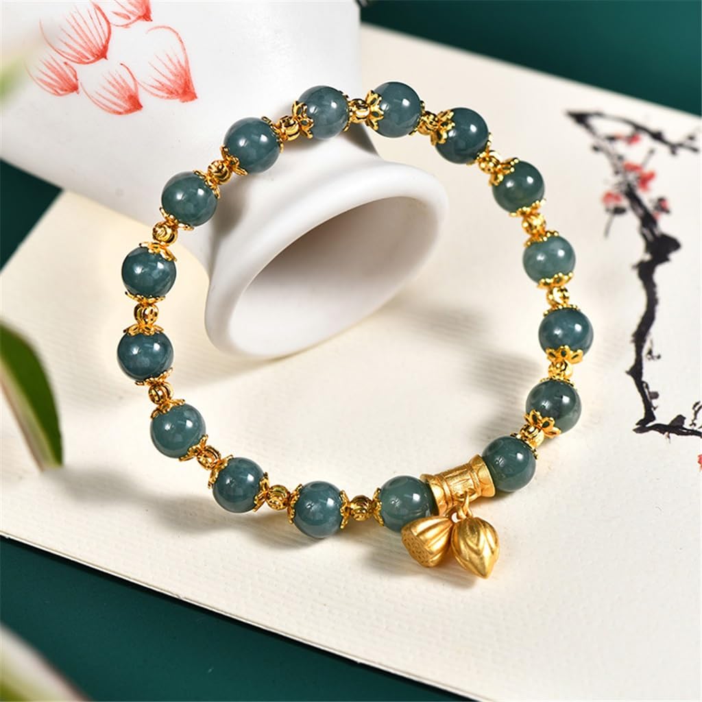 MOCHAMIK Bracciale con Cordino in Giada con Fiori retrò in Argento 925, Braccialetto di buona Fortuna a Due Mondi
