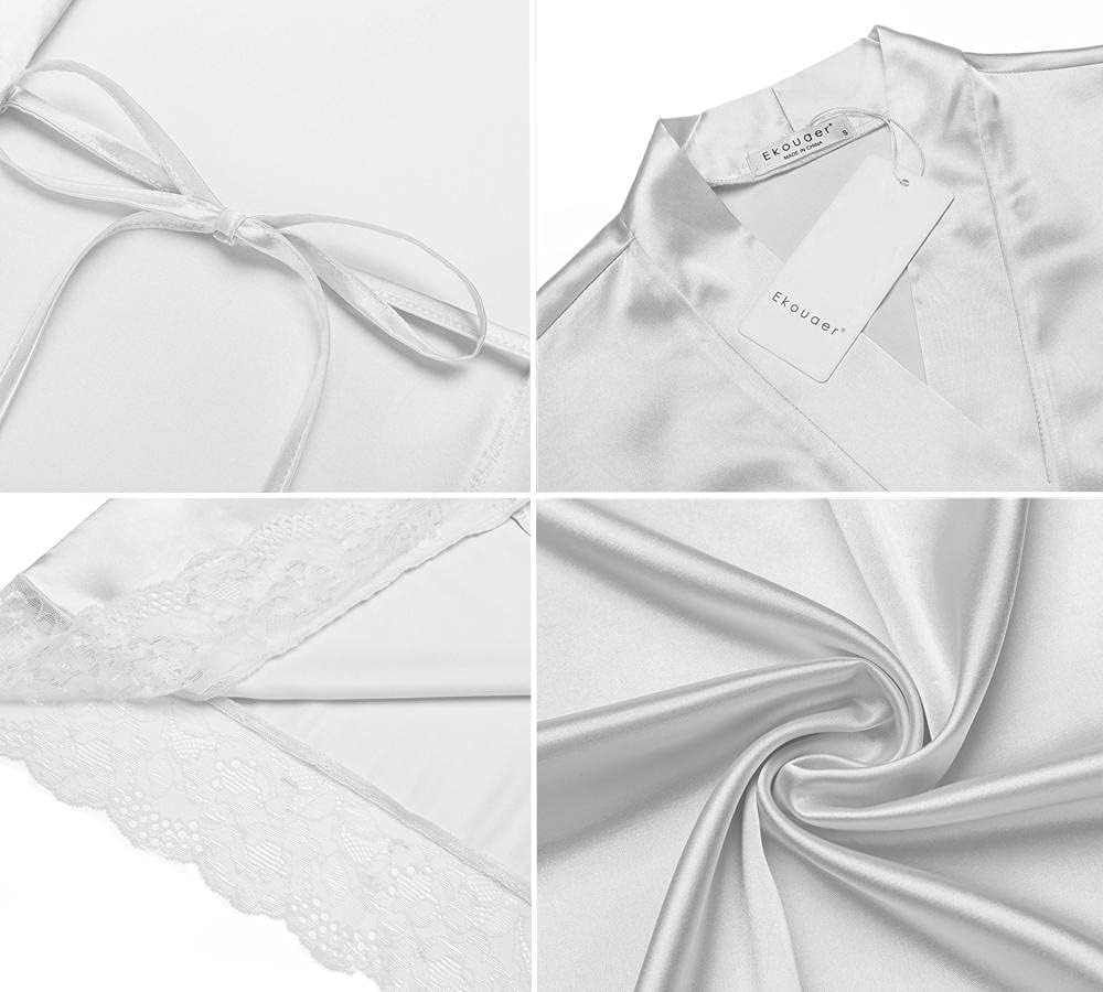 Ekouaer Satin Robes for Women Lace Trim Silk Robe 3/4 Sleeve Kimono Bathrobe Bride Bridesmaid Wedding Party Sleepwear S-XXL