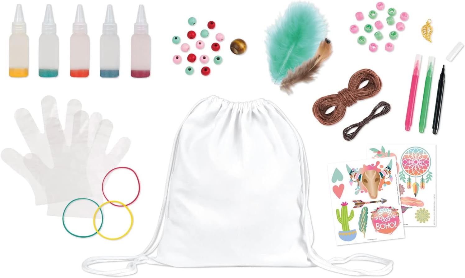 LENA 42608 - Batik Boho DIY Kit with Linen Backpack 29 x 34 cm, 5 Colours, 3 Textile Pencils, Ironing Sheets, Hair Beads and Braided Headband, from 8 Years
