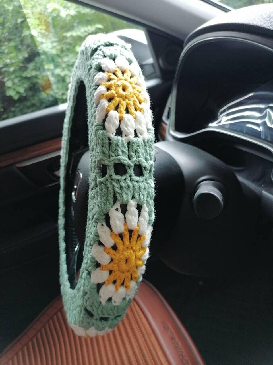 YDM Crochet Steering Wheel Cover,Sunflower Crochet Steering Wheel Cover,Car Steering,Steering Wheel Cover for Women (C A+ 2 Belt Cover)