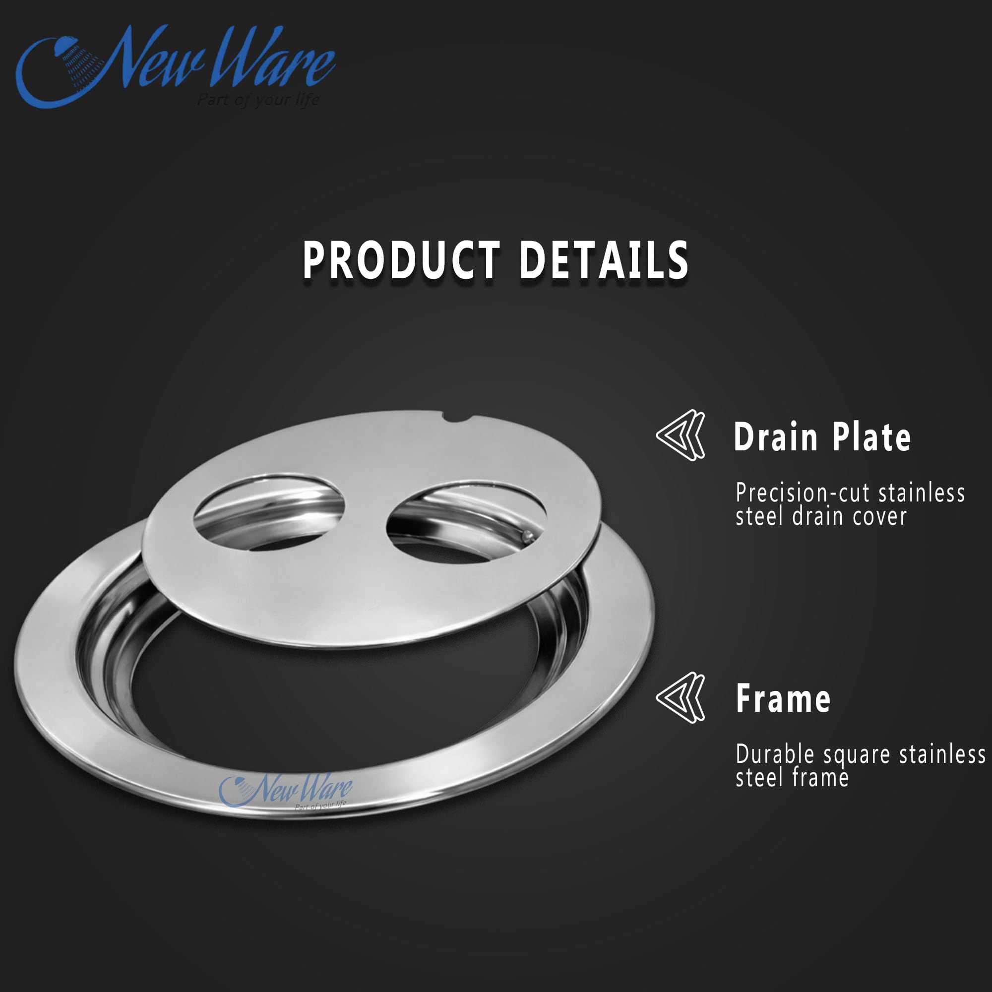 NEW Ware Round Stainless Steel Floor Drain with Trap Double Hole Anti-Clog Design for Bathroom, Kitchen, Out Door & Balcony Rust-Resistant | Chrome Finish Water Grating — Amazon image 2