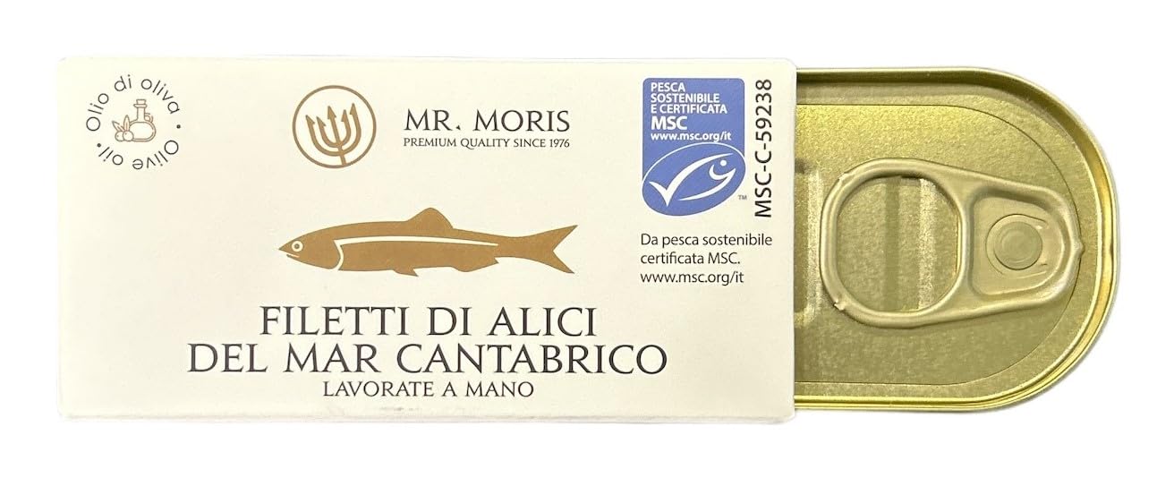 Mr. Moris® | Filets d'anchois de la mer Cantabrique à l'huile d'olive | Fait à la main | Kosher | Certifié MSC issu de la pêche durable | Au cas où | 1 Paquet 50g