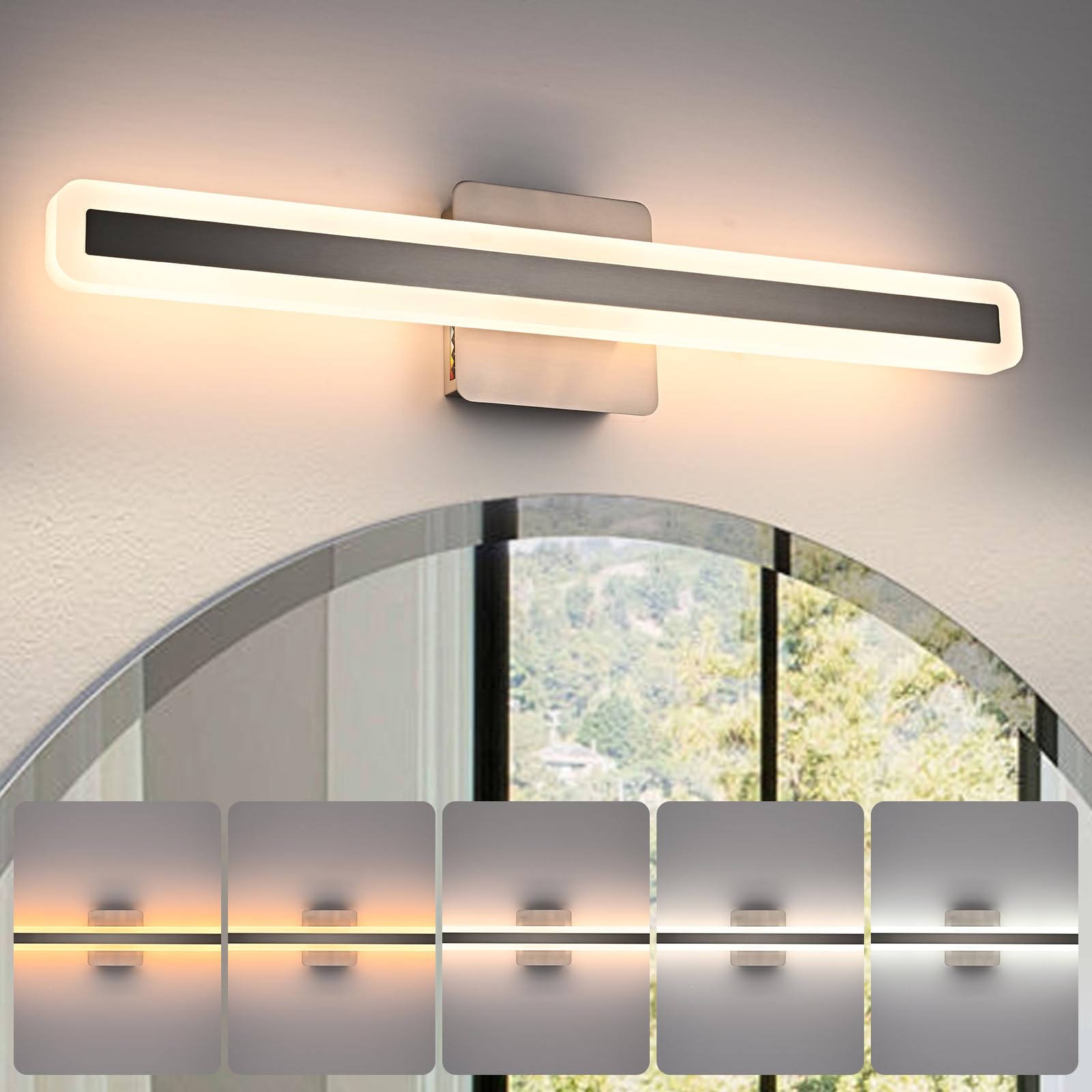 28W Modern Vanity Lights for Bathroom 24.0 Inch LED Vanity Bar Light 5CCT Dimmable Brushed Nickel Wall Sconces LED Bathroom Lighting Fixtures Over Mirror for Bath Room Cabinets Bedroom
