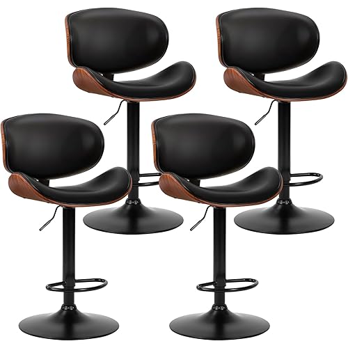 DUMOS Swivel Bar Stools Set of 4, Adjustable Counter Height Bentwood BarStools, PU Leather Upholstery Bar Chair with Ergonomic Back and Footrest, Counter Stools for Bar, Home Kitchen Island, Black
