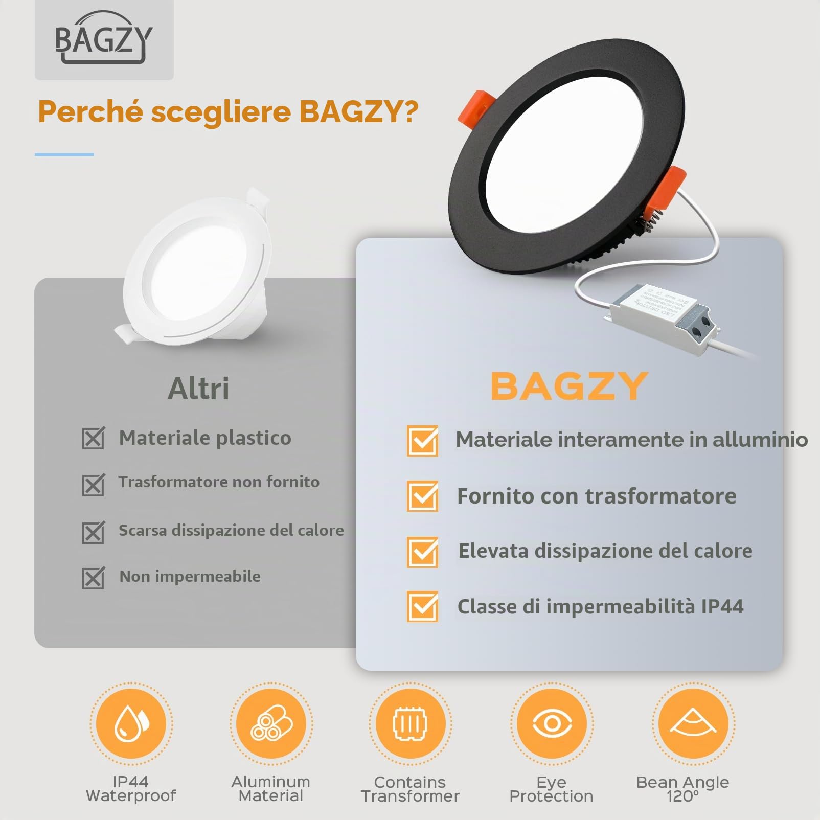 BAGZY 10 Faretti Led da Incasso Nero, 7W 700 Lumen,Luci Ultrasottili da Soffitto e per l’illuminazione da Interno,Bianco Naturale 4000K,foro incasso Ø80-90mm,AC 220-240V,per Camera da Letto Bagno