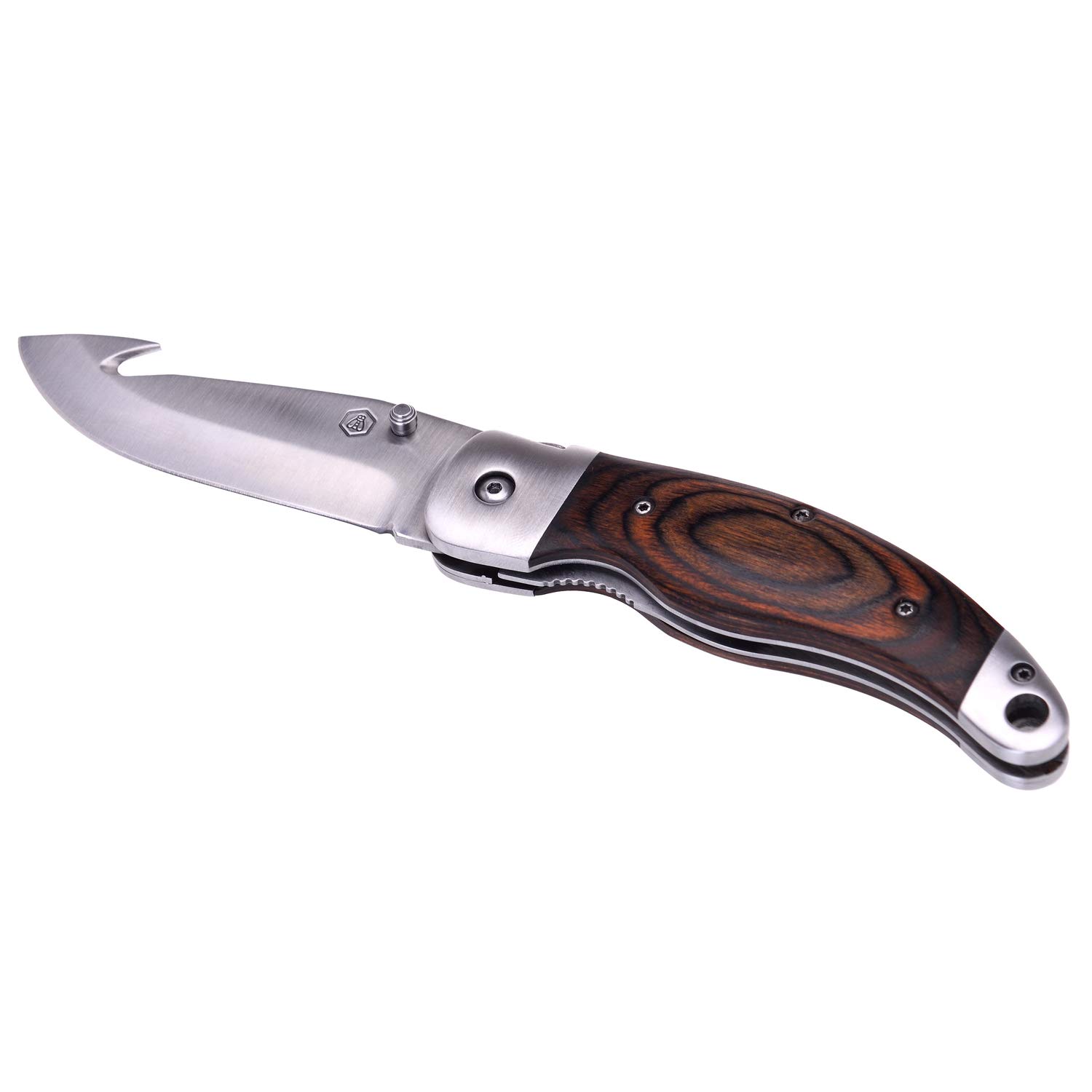 LAGUIOLE - Cuchillo de Caza con Estuche de Cuero Negro - Mango de Madera de Pakka - Hoja 10,5 cm - Acero Inoxidable - castaño