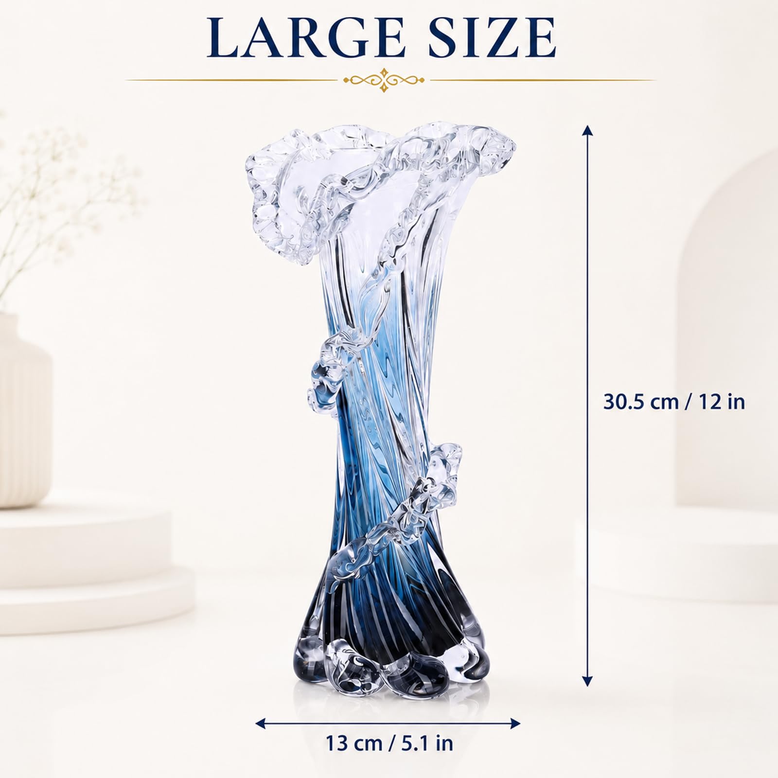 Jarrón de vidrio soplado azul, arte moderno soplado a mano, hermoso centro de mesa único de olas del océano para sala de estar, recámara, computadora de oficina, mesa de centro y decoración de boda (L