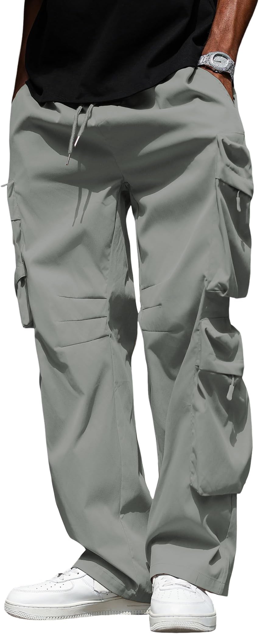 Men's Baggy Parachute Cargo Pants Elastic Waist Drawstring Joggers Pants Loose Sweatpants Multi Pockets