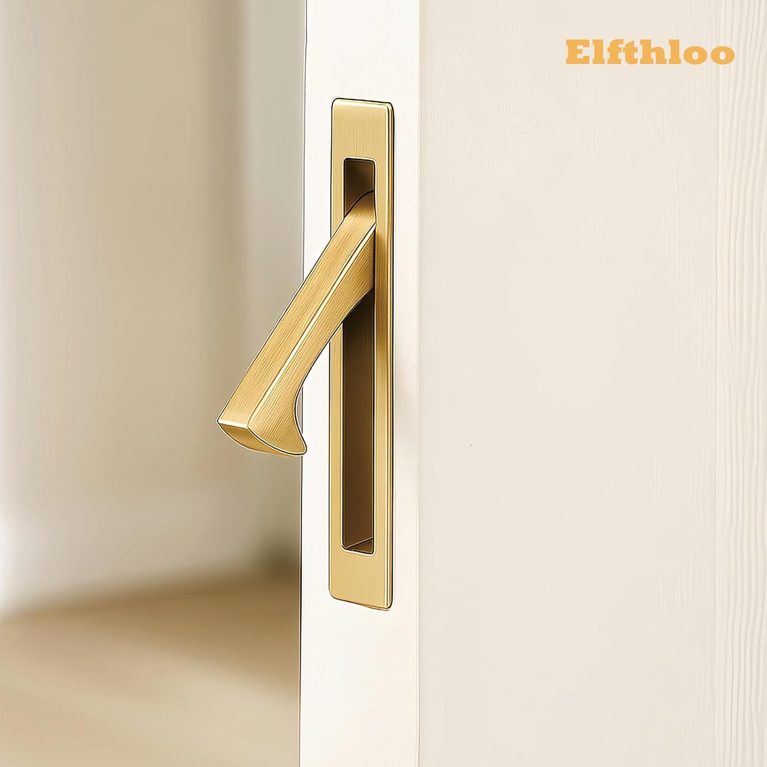 1 Pack Recessed Pocket Door Flush Mount Pull Handle, Elfthloo Stainless Steel Hidden Finger Design Sliding Door Hardware, Brushed Gold Brass Finish, Edge Flush for Modern Furniture