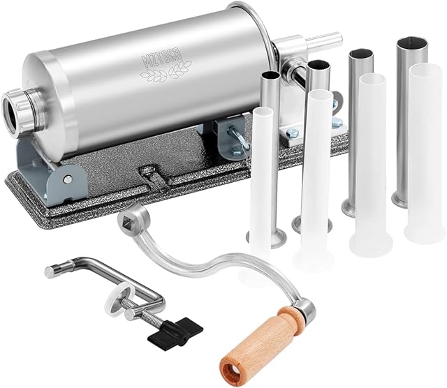 MZTOGR Sausage Stuffer - Stainless Steel Homemade Manual Sausage Maker Horizontal Meat Filling Kitchen Machine, Packed 8 Stuffing Tubes (MZ-HOR-2.5LBM)