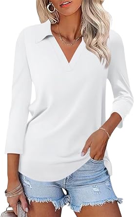 ORANDESIGNE Womens 3/4 Length Sleeve Tops Collared V Neck Polo Shirts