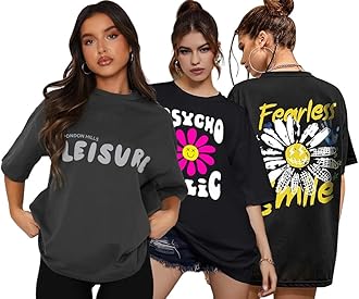Sponsored Ad - London Hills Women's Cotton Oversized Fit Printed Round Neck Oversized T-Shirt | Loose Fit Drop Shoulder T-Shirt Pack of 3