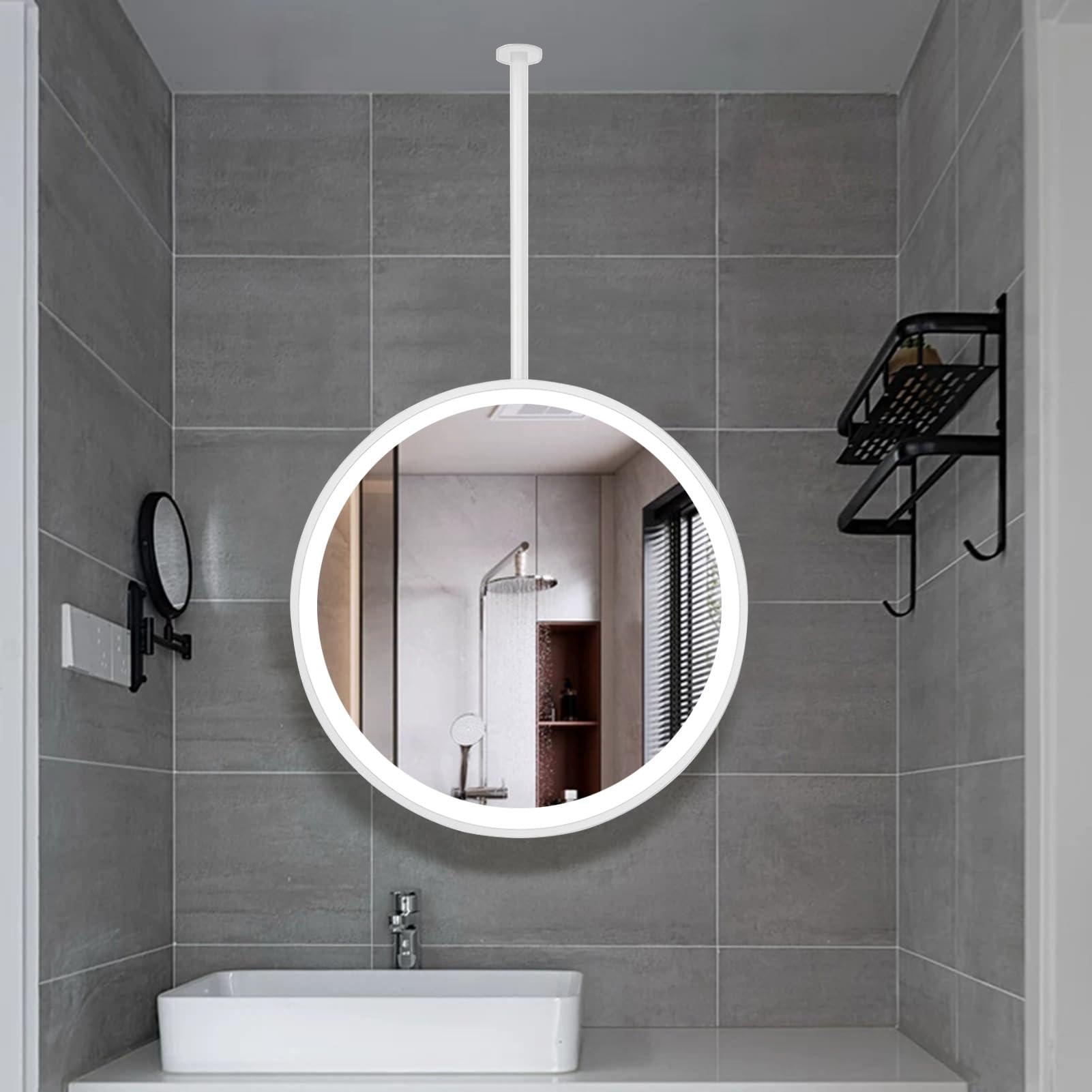 SXFSDOU Round LED Mirror Ceiling Hanging Bathroom with 3 Colors Lights, Dimmable Smart Wall Mounted Lighted - Customizable Boom(Diameter-70CM/27.6INCH)