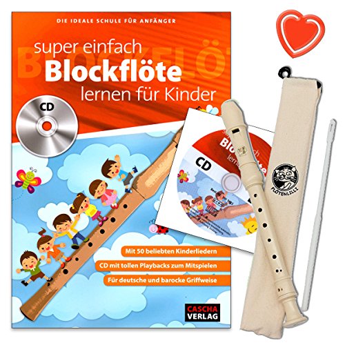 Preisvergleich Produktbild Blockflöten Set: Flötenlilli Blockflöte ( deutsche Griffweise ) + Blockflötenschule für Kinder - die ideale Schule für Anfänger mit CD, Grifftabele und bunter herzförmiger Notenklammer