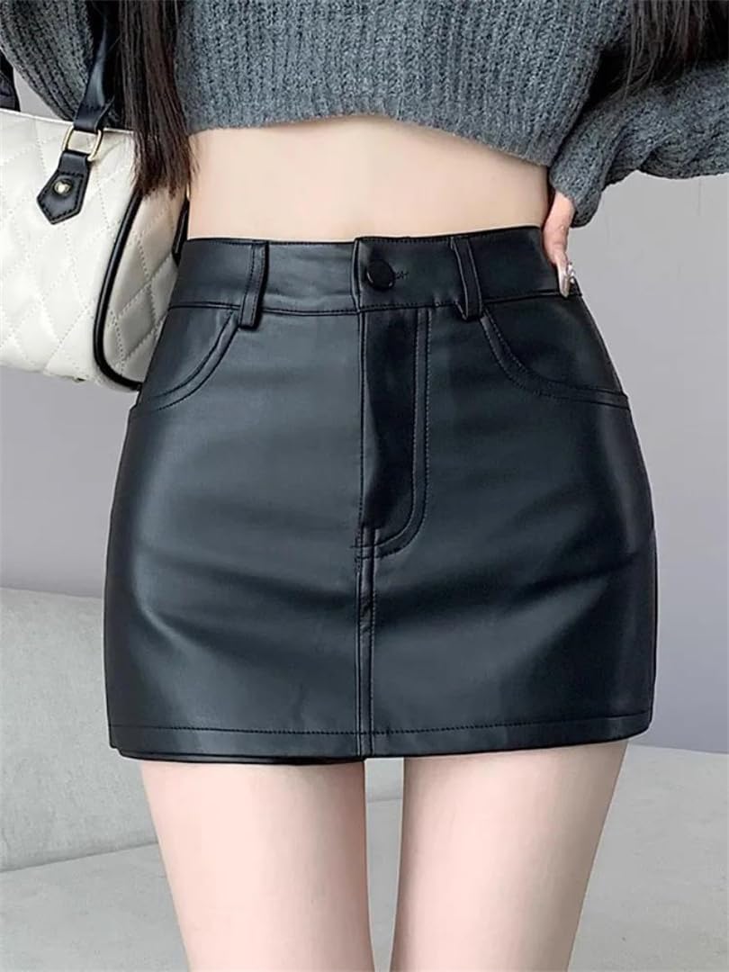 Kelsiop Falda de piel sintética para mujer, cintura alta, minifalda, color negro y marrón, pantalones cortos para discoteca