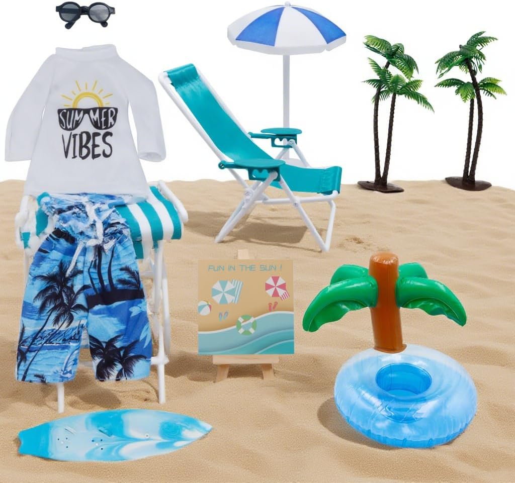 Christmas Elf Beach Clothes Accessories Sets, 9Pcs Doll Kit Include Swim Ring Chair Surboard Sunglasses for Christmas Decoration