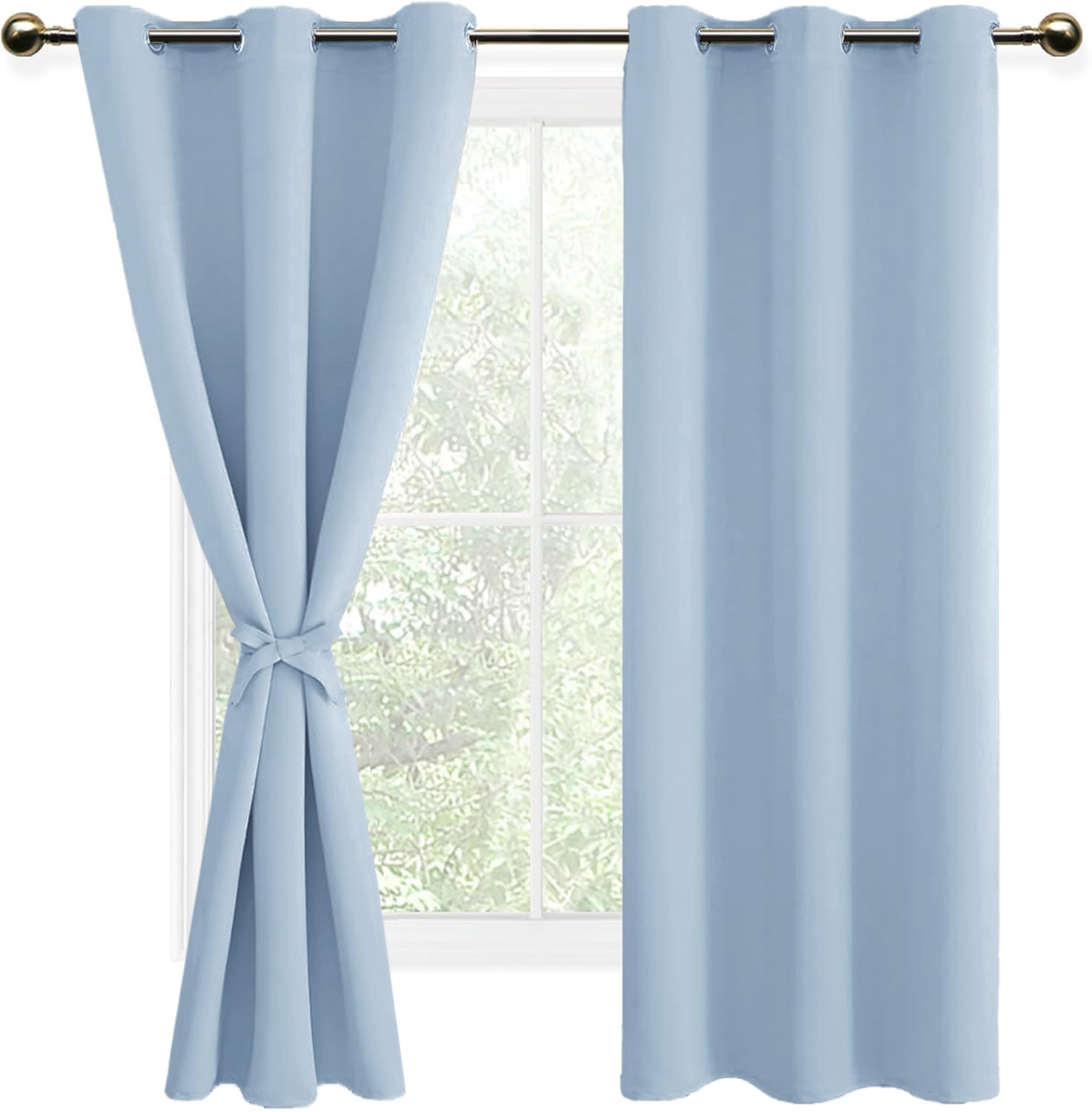 DWCN Blackout Curtains with Tiebacks Thermal Insulated Eyelet Curtains for Kids Bedroom, Light Blue, 46" Wide x 72" Drop, 2 Panels