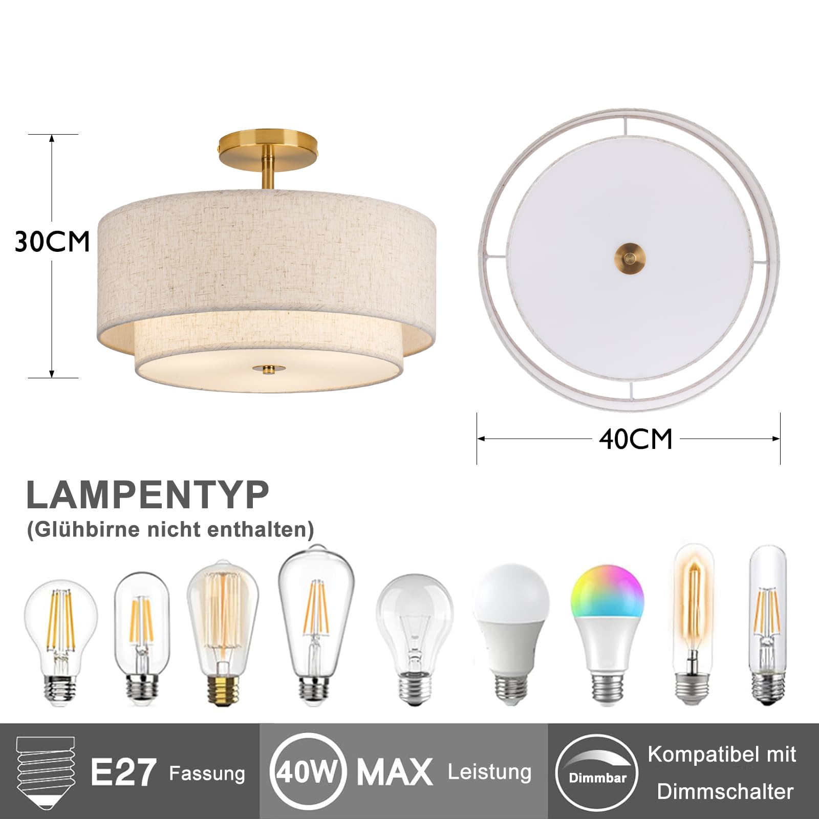 CALOKES Deckenlampe Stoff Beige Rund Ø40cm – Dimmbar E27 Deckenleuchte mit Gold Metall für Wohnzimmer Schlafzimmer Kinderzimmer Flur Küche – Weiches Licht für moderne Lampen an der Decke