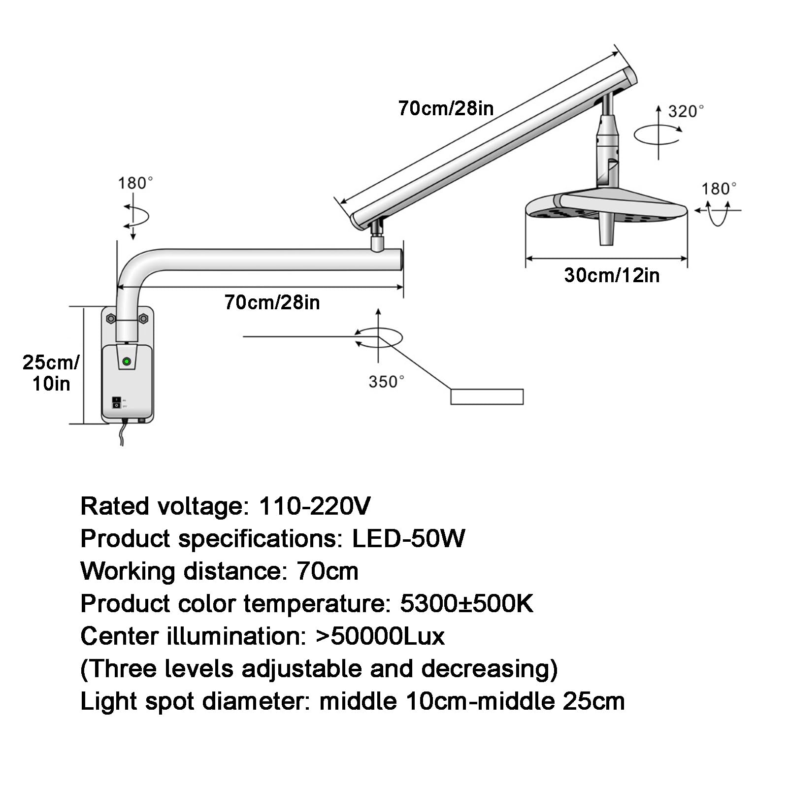 YZWZZXC Wall-Mounted 50W LED Exam Light, Shadowless Lamp, Adjustable Brightness, Flexible Balance Arm, Suitable for Gynecology, Beauty, Dental and Pet Hospitals