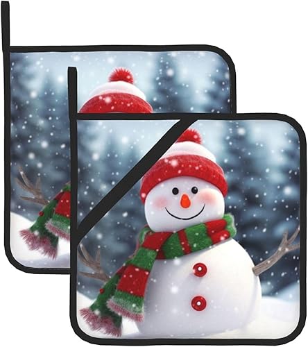 Merry Christmas with Happy Snowman Print Pot Holders Set of 2 Kitchen Heat Resistant Potholder Non Slip Waterproof Hot Pads with Loop for Microwave