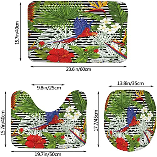 Badezimmerteppich-Set, 3-teilig, Papagei und Tropische Pflanzen auf bunten Streifen, waschbare Badteppiche, rutschfest, mit Rückenpolster, Konturteppich und Toilettendeckelbezug – Bild 3
