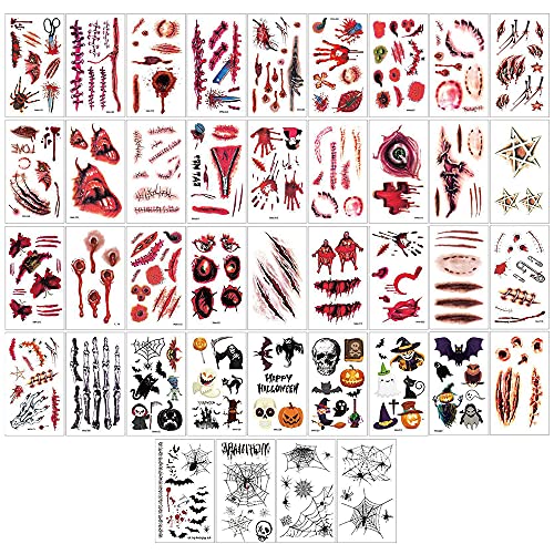 40 Hojas Patrones de Tatuajes, Etiquetas Engomadas del Tatuaje, Tatuajes Temporales, Patrones Temporales, Tatuajes Falsos, para Halloween, Fantasma, Calabaza, Demonio, Mago, Momia, Bruja, Calavera Cover