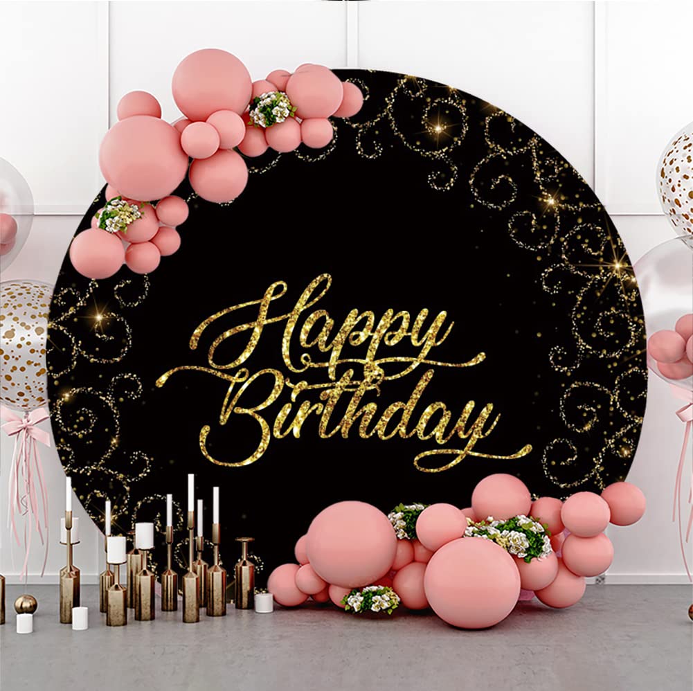 OERJU Happy Birthday Round Backdrop Cover 7.2x7.2ft White And Gold Birthday