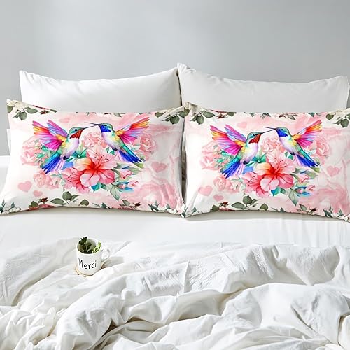 Miniatura 6 de Juego de sábanas coloridas y encantadoras de pájaros, tamaño Queen, 4 piezas, acuarela, jardín botánico, flores de ensueño, para adolescentes y