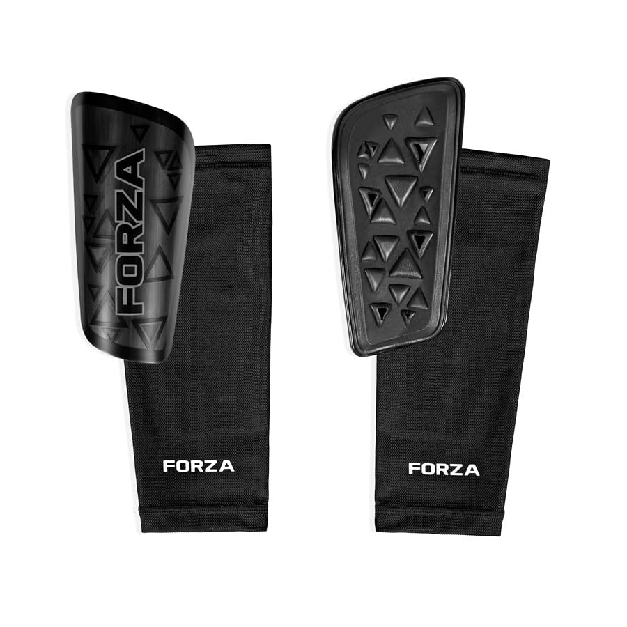 FORZA Pro Black-Out Shin Pads With Compression Sleeves | Elite Football Shin Guards with Sweat-Wicking EVA Foam & Secure Fit Sleeves – Available Sizes XXS - M/L (M/L)