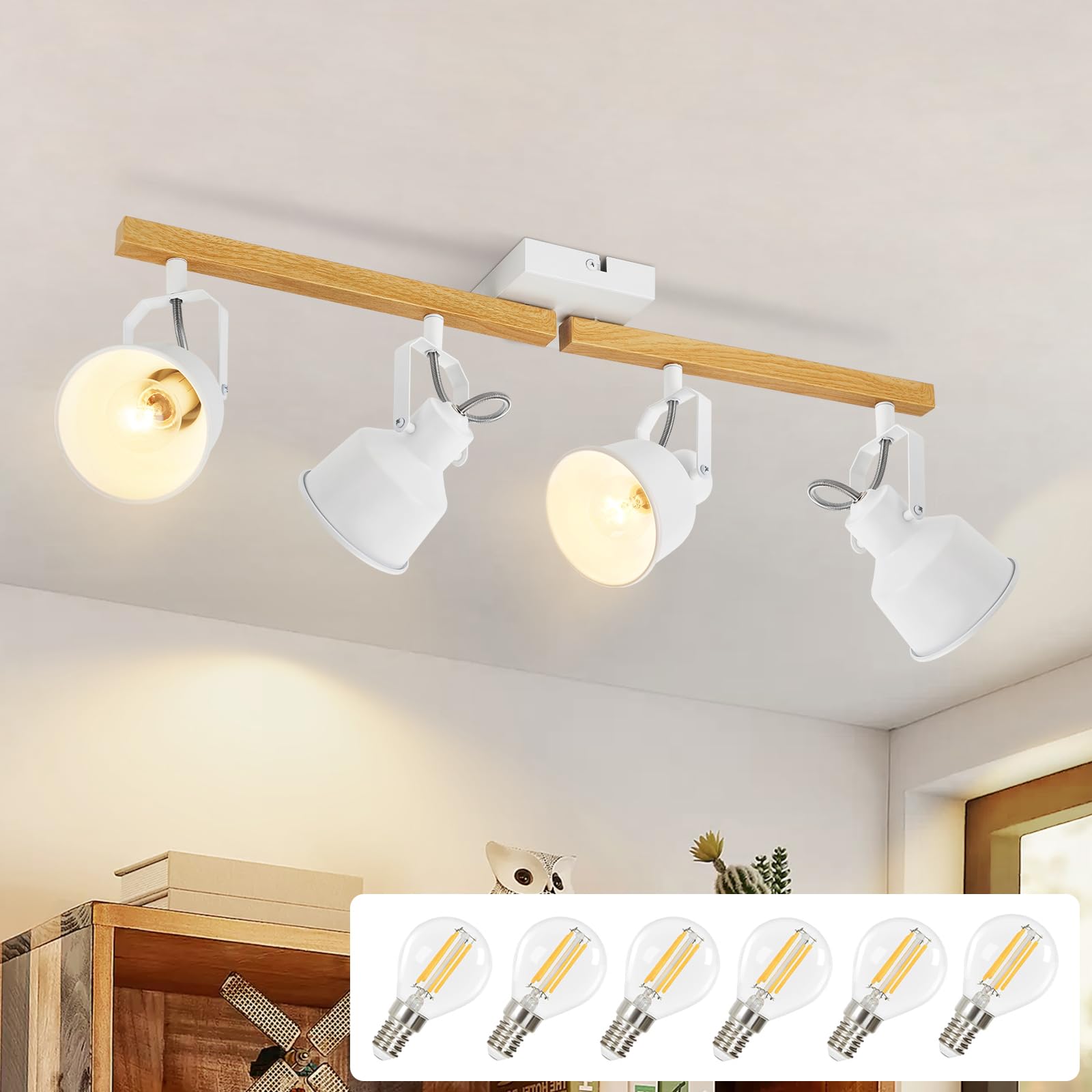 GBLY Deckenstrahler 4 Flammig Weiß: Deckenlampe mit 6 Birnen Wohnzimmer Vintage Deckenspot Schwenkbar 350° MAX.25W E14 Fassung Industrial Holzmaserung Spotbalken für Schlafzimmer Büro