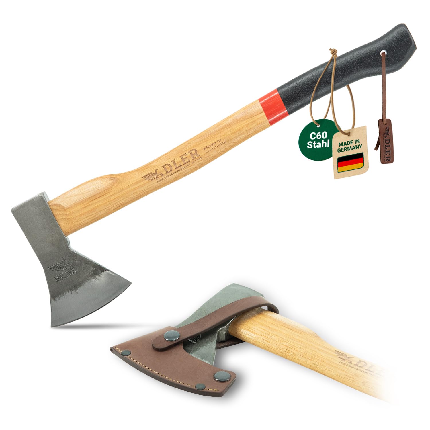 ADLER Kanuaxt Handaxt 600g 50 cm C60 Hickorystiel Spalten Feuerholz Rot | Geschmiedeter Kopf ein und beidhändig nutzbar mit Lederschutz Made in Germany