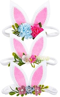 Healeved Diadema de Pascua para Niña Banda para El Cabello para Niños Y Niñas 3 Piezas Lazos para Orejas de Conejo Bandas Elásticas para El Cabello con Flores