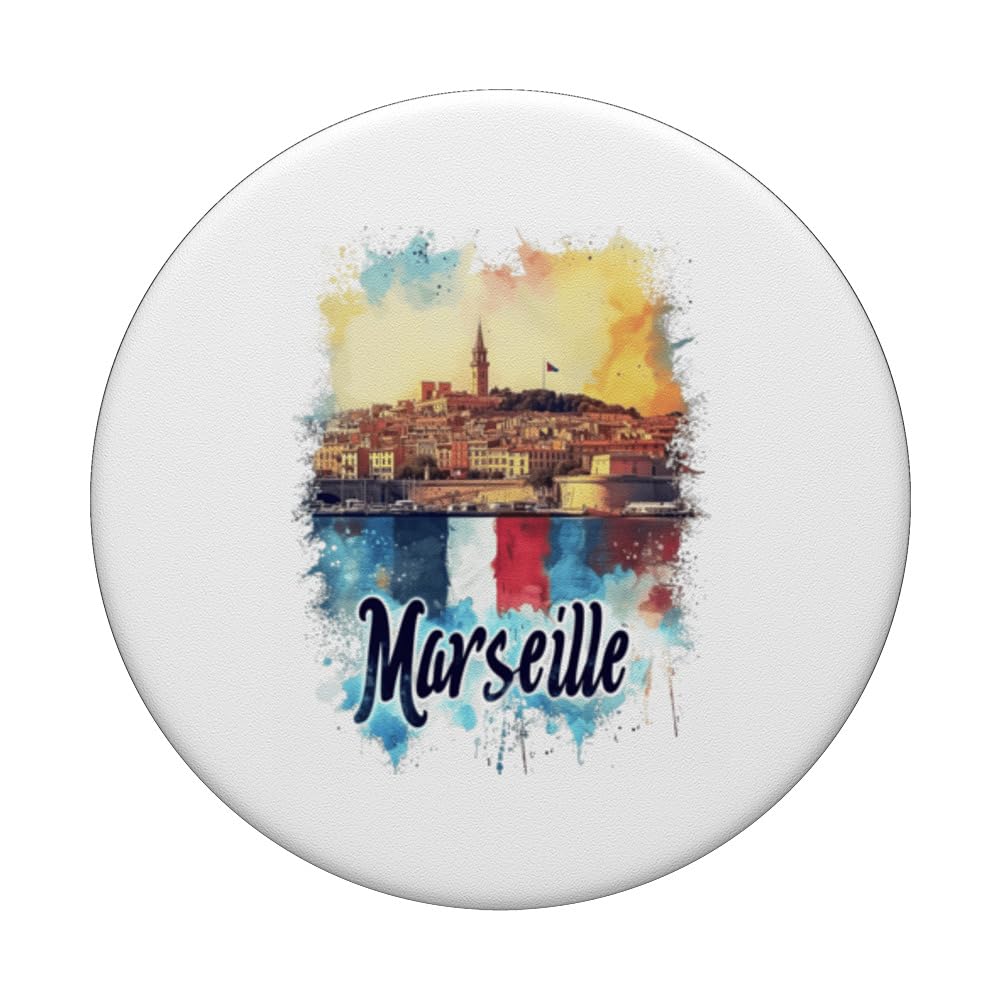 Marseille France Watercolor Souvenir Panoramic Travel PopSockets Swappable PopGrip, Black - Image 3
