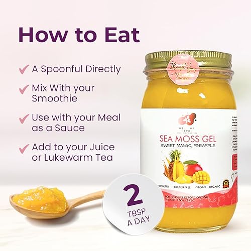 Miniatura 7 de Healthy Herbs Gel de musgo marino (piña de mango dulce) elaborado en forma silvestre de oro jamaicano de Santa Lucía Seamoss Superalimento